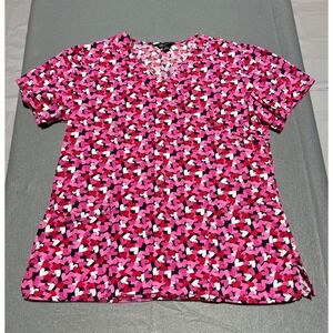 Zoe + Chloe Pink Heart Print V-Neck Scrub Top Z14202 Womens Medium Cotton